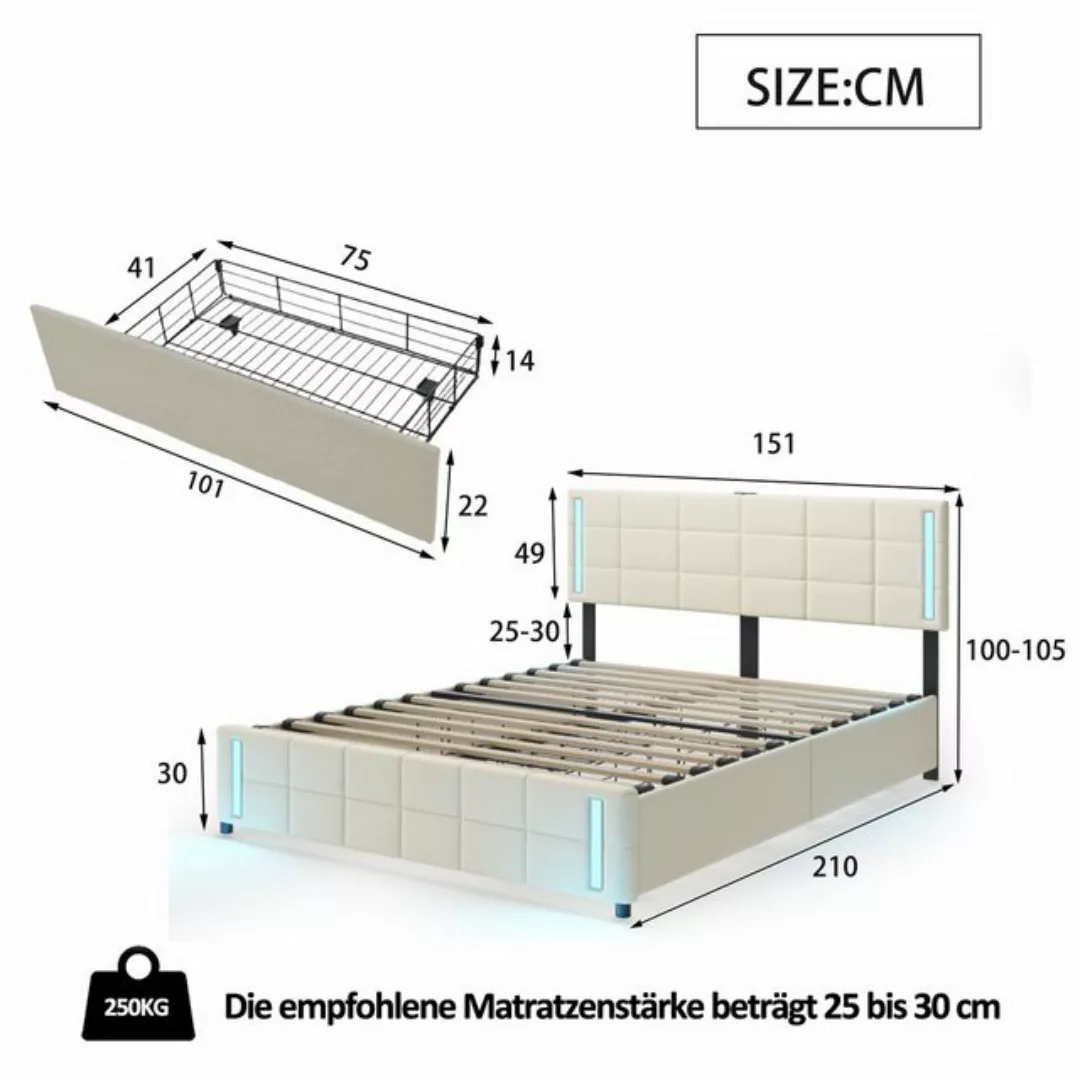 Odikalo Stauraumbett Polsterbett 16-LED Steckdose 4 Schubladen Leinen Beige günstig online kaufen