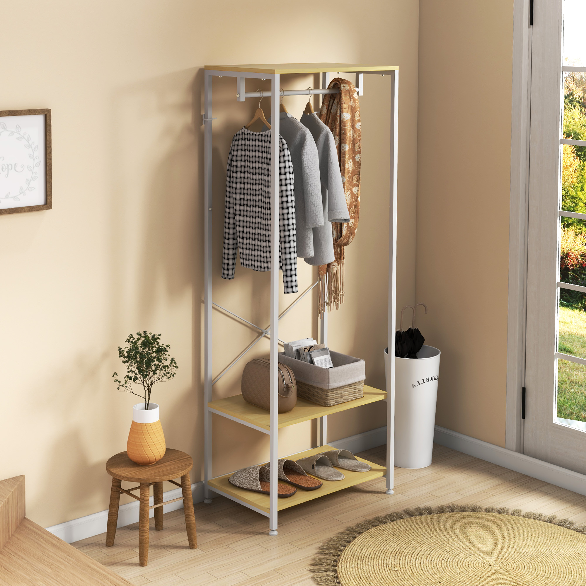 HOMCOM Bodenstehender Garderobenständer 2-in-1 mit 2-stufigem Regal für Män günstig online kaufen