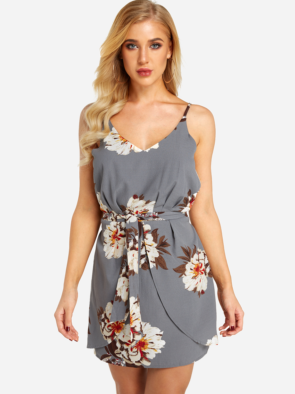 Random Floral Print Stretch Taille Ärmelloser Riemchen Kleid in Grau günstig online kaufen