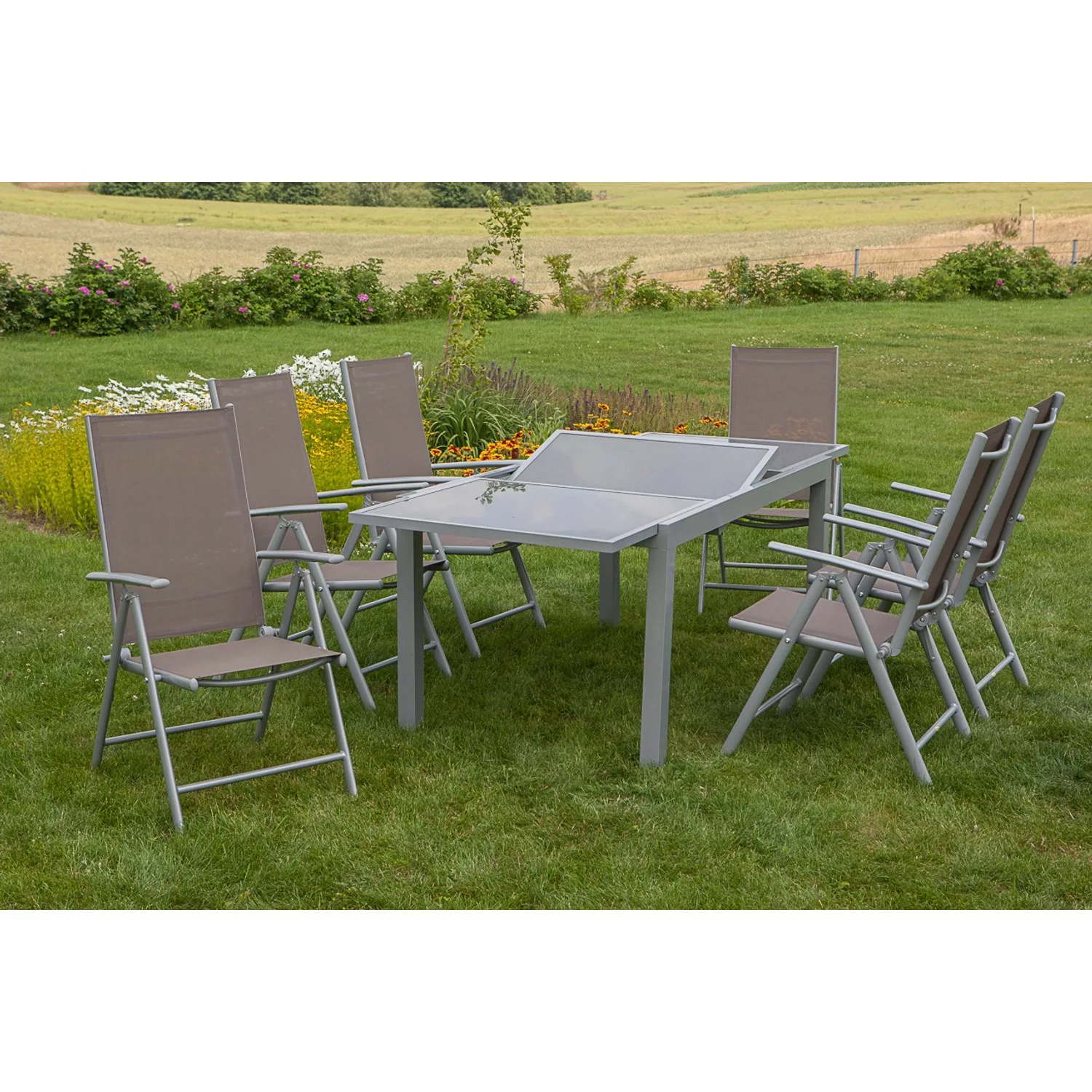 Merxx Gartenmöbel-Esstisch-Set Amalfi Taupe 7-tlg. inkl. Klappsessel günstig online kaufen