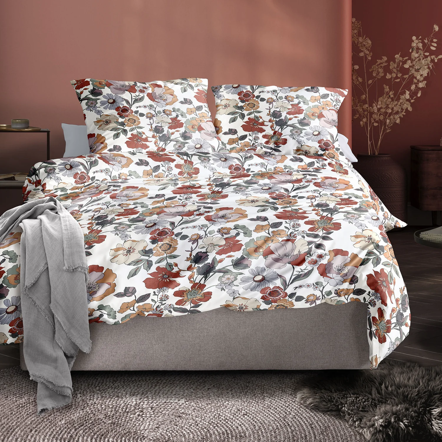 Irisette Mako Satin Bettwäsche Wave 8623-60 rot beige Blumen 135x200 günstig online kaufen