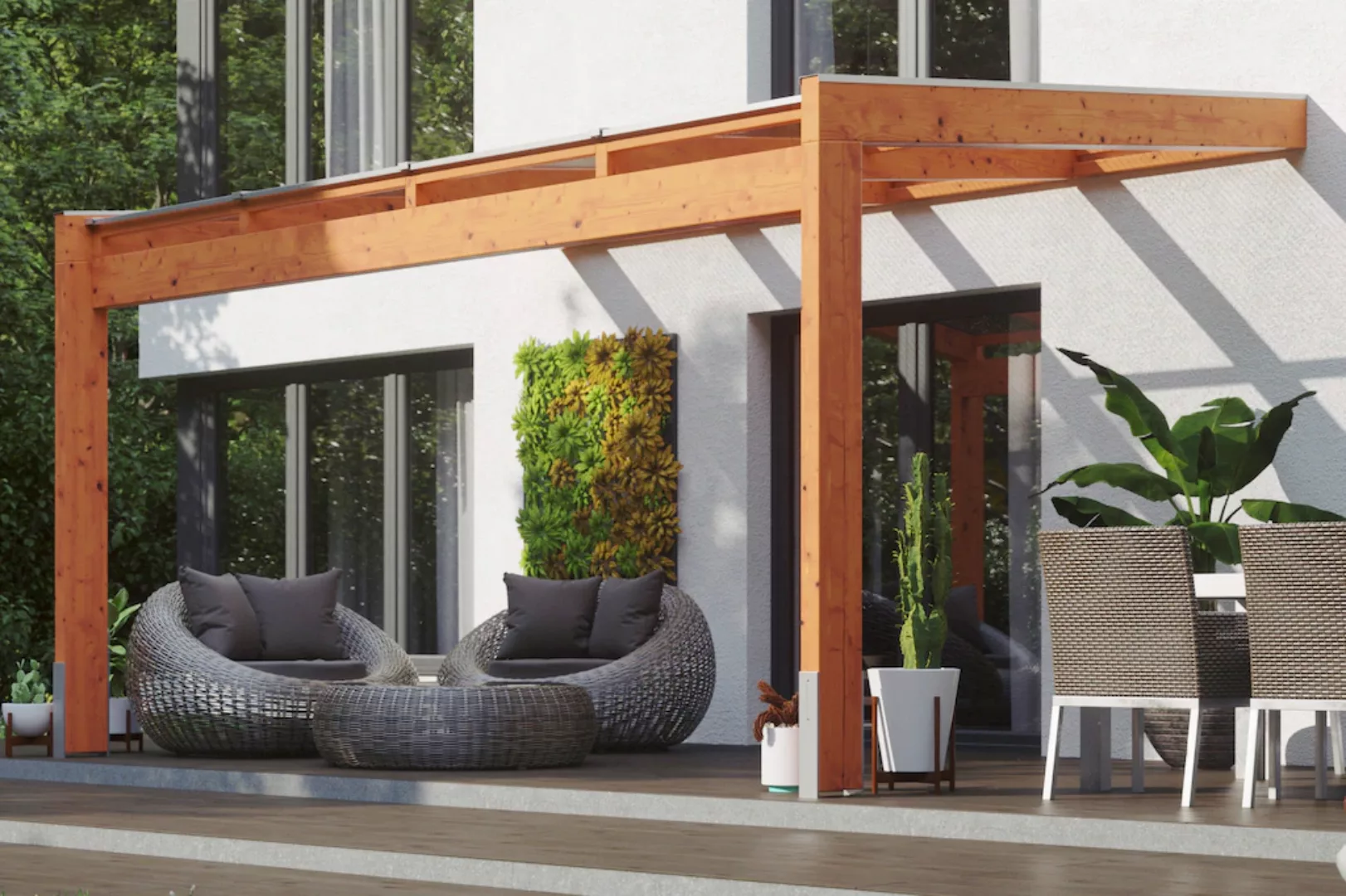 Skan Holz Terrassenüberdachung Novara 450 cm x 359 cm Nussbaum günstig online kaufen