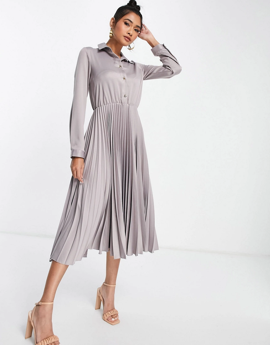 Closet London – Plissiertes Midi-Hemdkleid aus Satin in antikem Grau günstig online kaufen