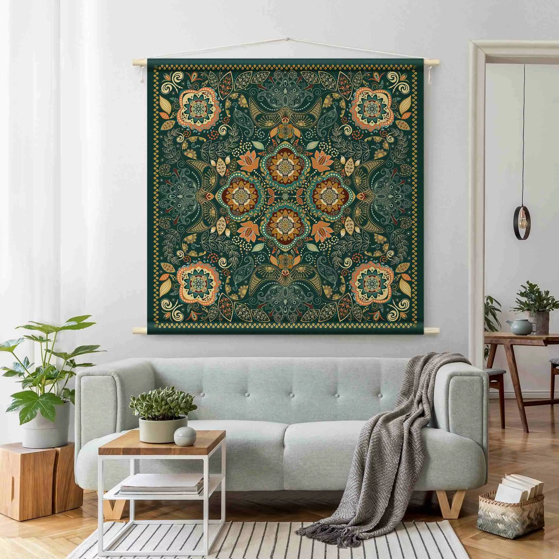 Wandteppich Detailliertes Boho Muster in Grün günstig online kaufen