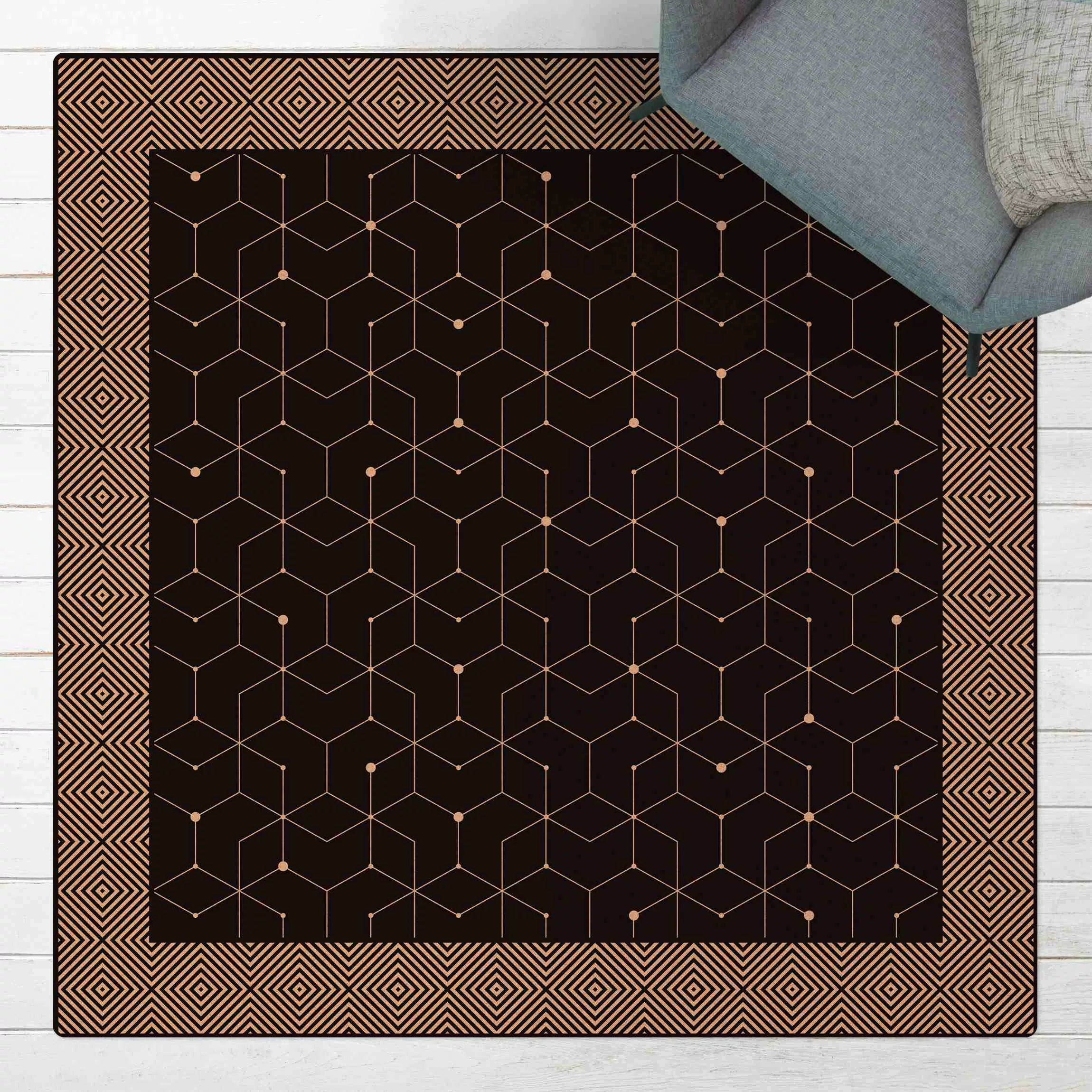 Kork-Teppich Geometrische Fliesen Punktlinien Schwarz mit Bordüre günstig online kaufen