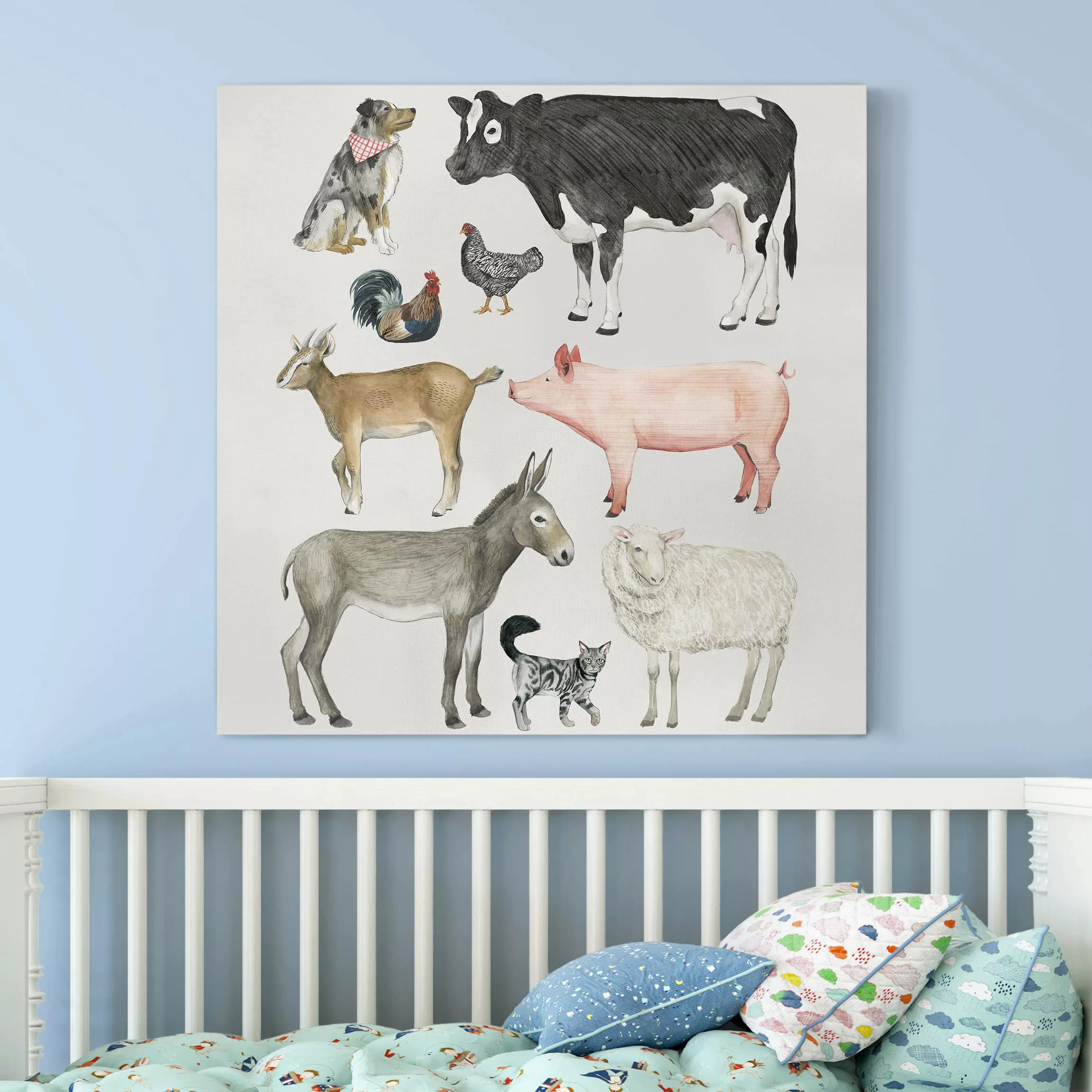 Leinwandbild Kinderzimmer - Quadrat Bauernhof Tierfamilie I günstig online kaufen