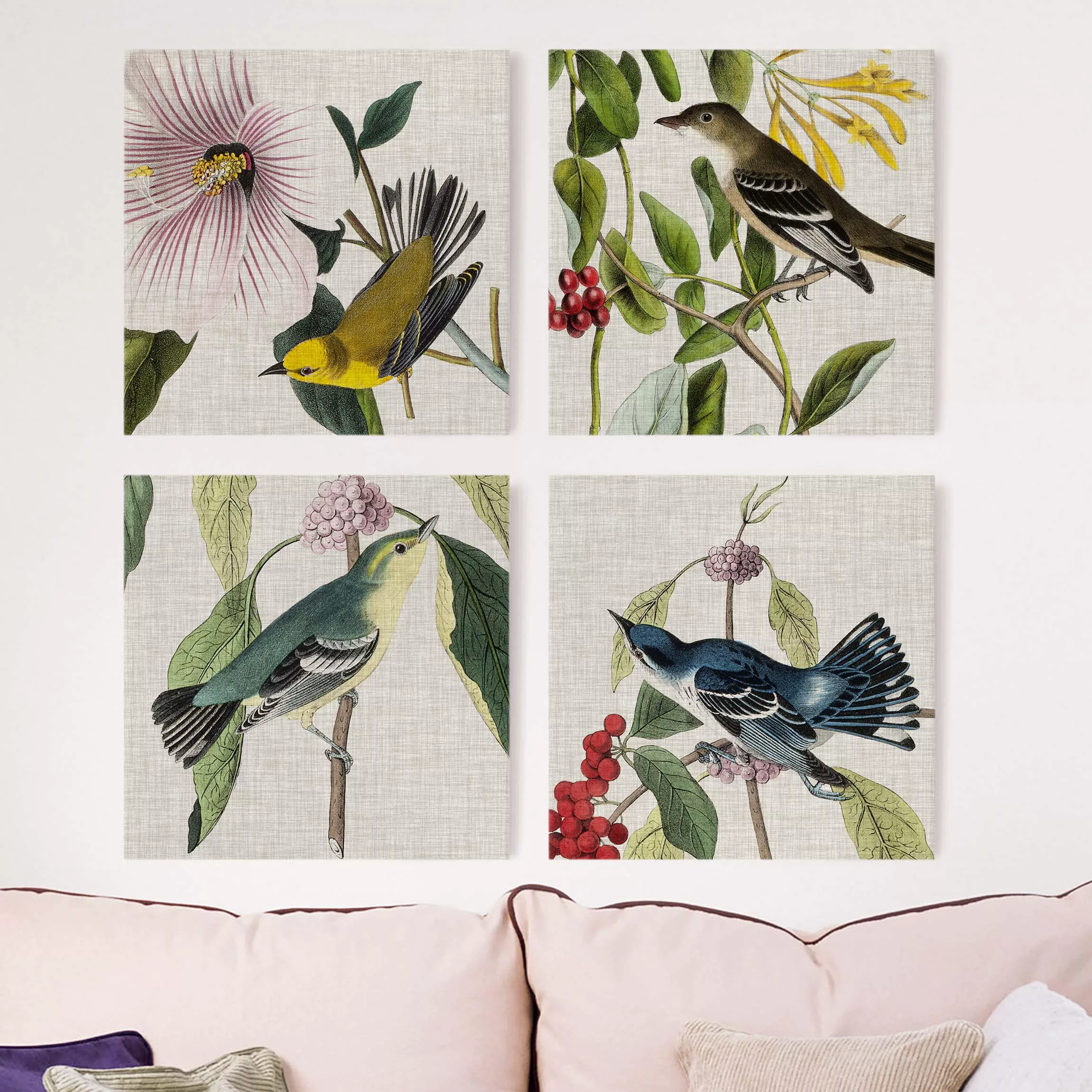 4-teiliges Leinwandbild Blumen - Quadrat Vögel auf Leinen Set II günstig online kaufen
