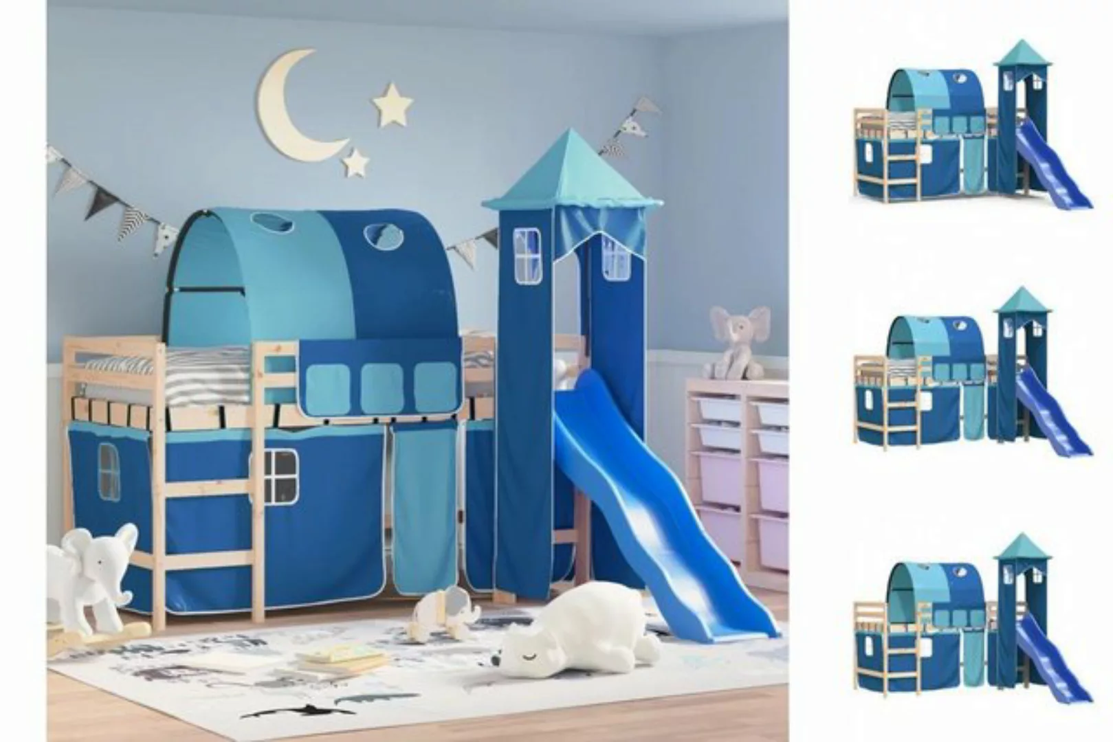 vidaXL Kinderbett Kinderhochbett mit Turm Blau 90x190 cm Massivholz Kiefer günstig online kaufen