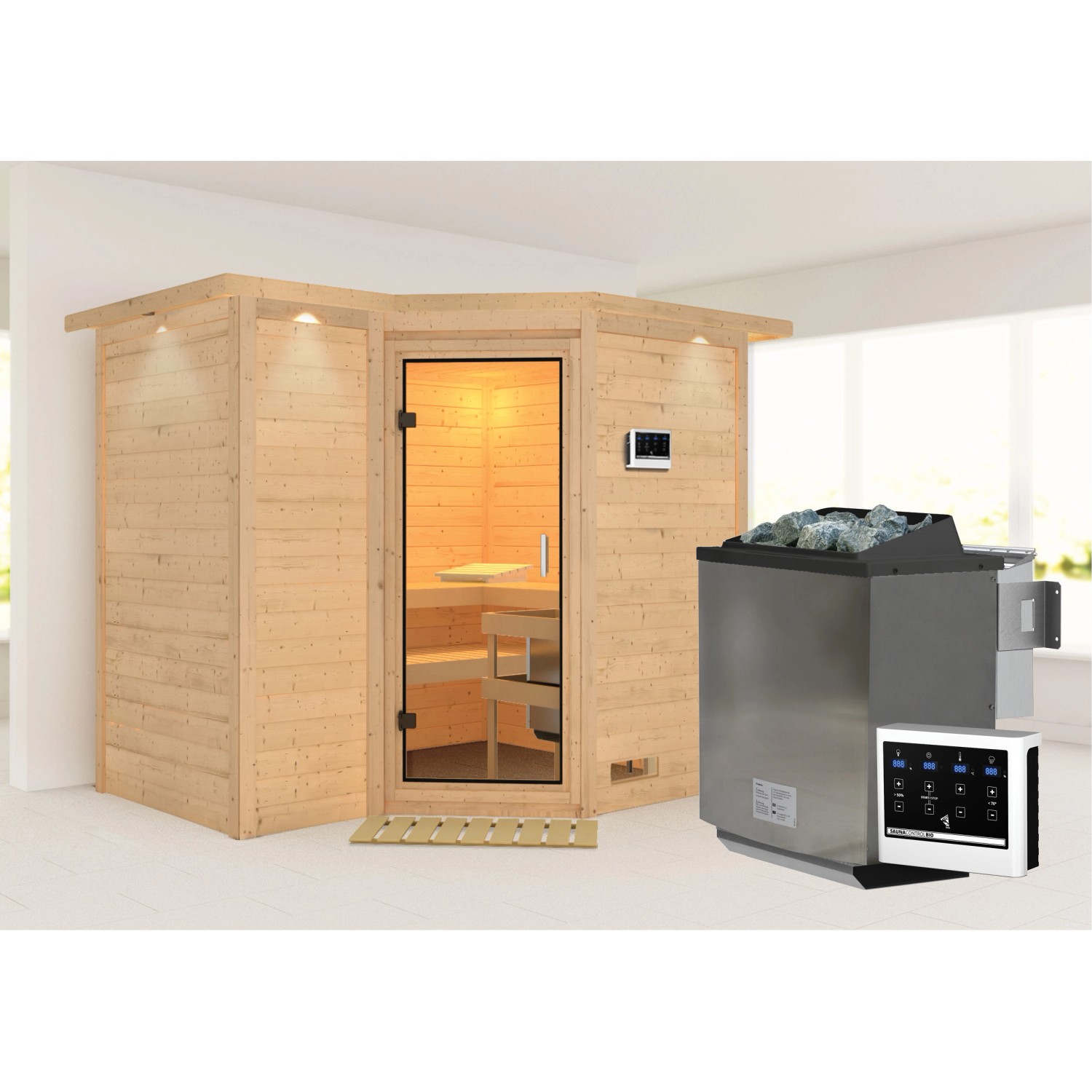 Karibu Sauna Steena 2 mit Bio-Ofen externe Stg.Easy LED-Dachkranz Natur günstig online kaufen