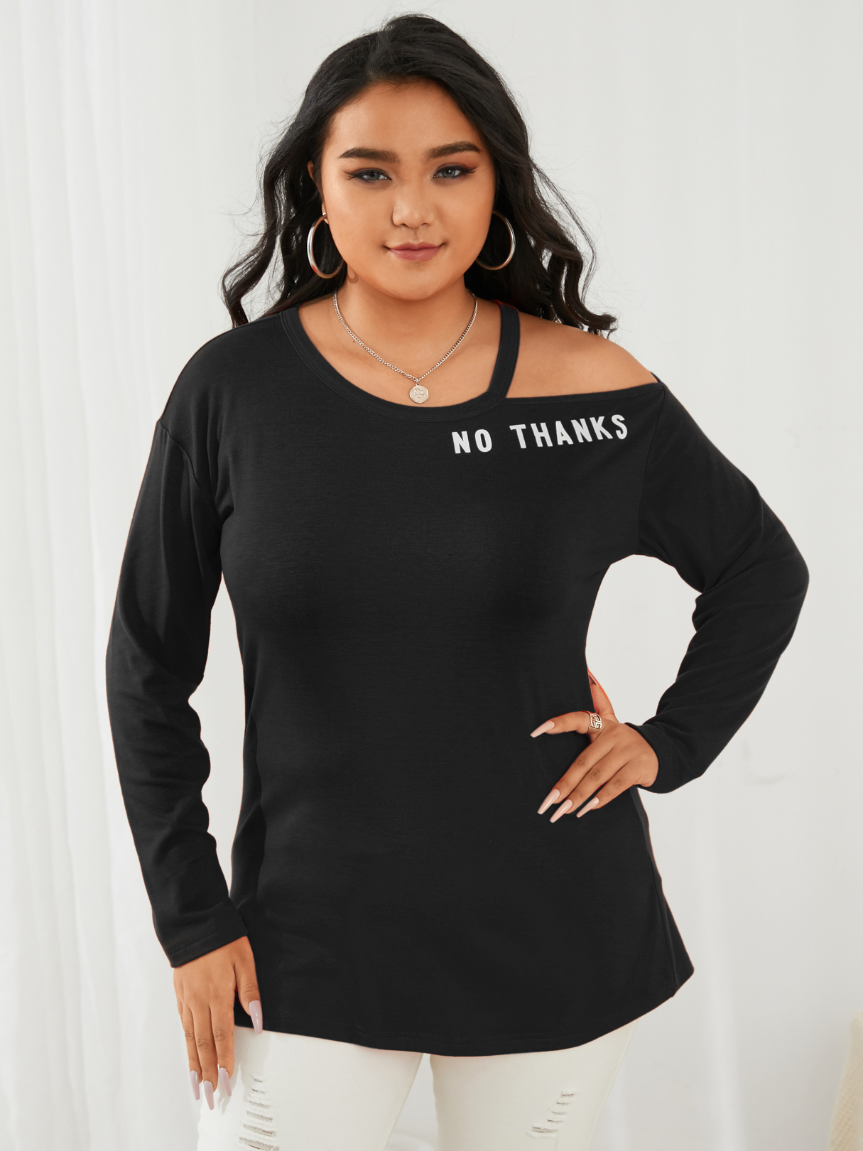 YOINS Plus Größe Cold Shoulder Letter Long Sleeves T-Shirt günstig online kaufen