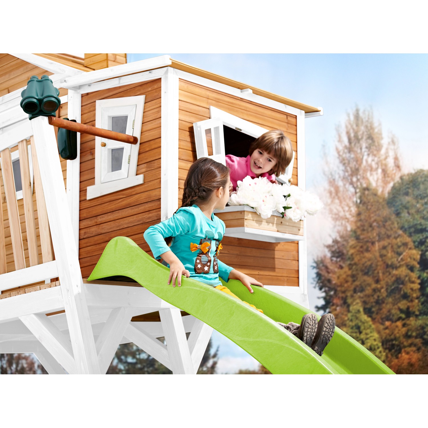 Axi Max Spielhaus Braun - Grün mit Weißer Rutsche 193 x 432 x 288 cm günstig online kaufen