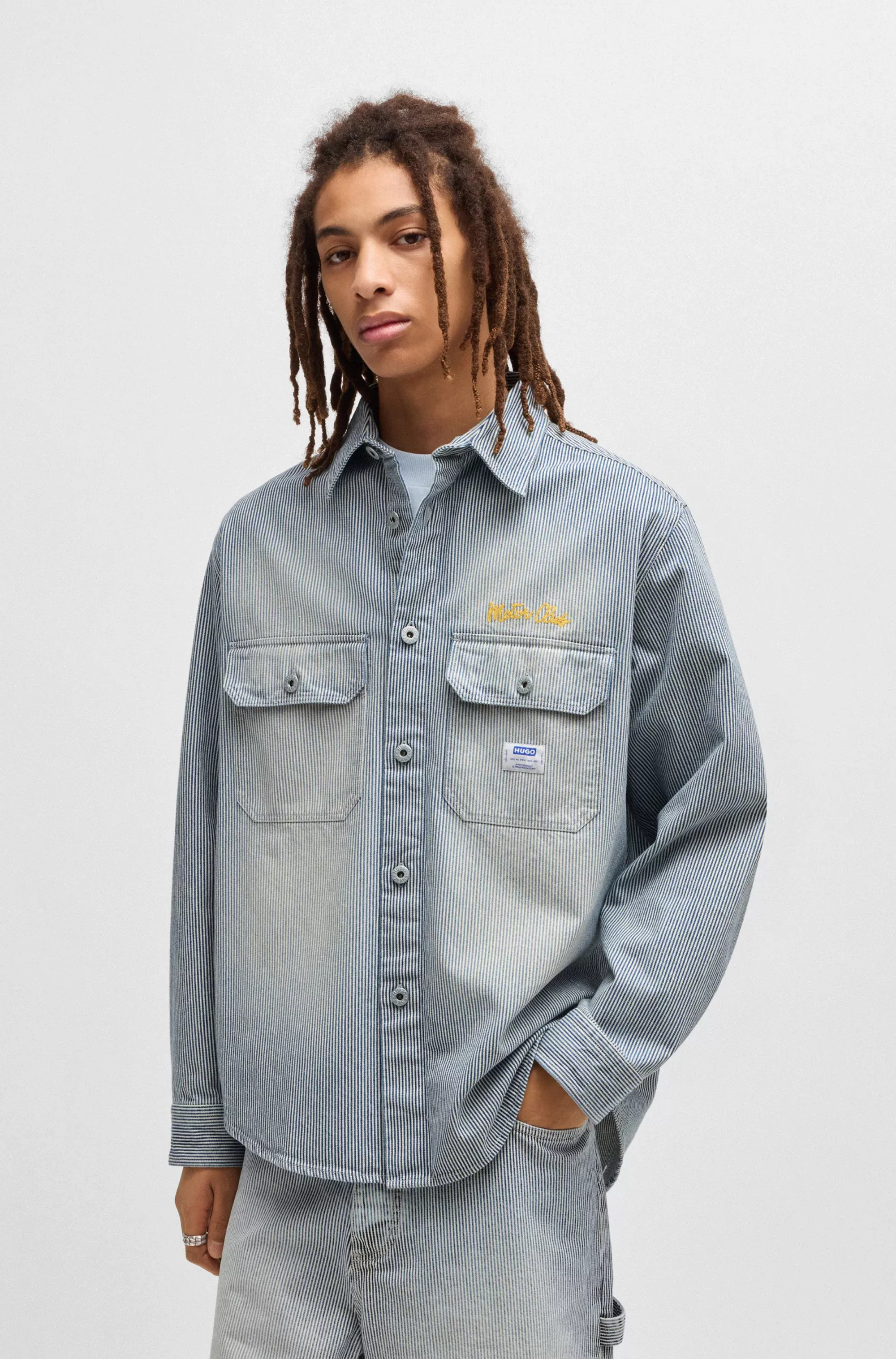 HUGO Blue Langarmhemd "Ebolt", mit HUGO Badge, Overshirt Skater Baggy Pinst günstig online kaufen