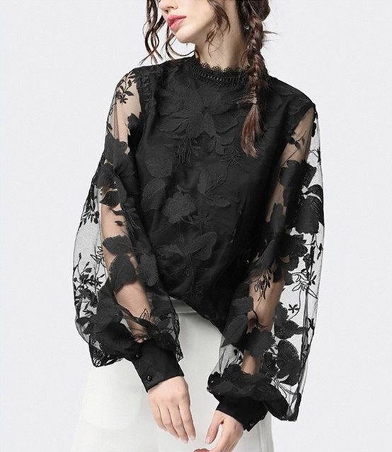 ZWY Spitzenshirt Lace Transparent Long Sleeve Round Neck Embroidered Shirt günstig online kaufen