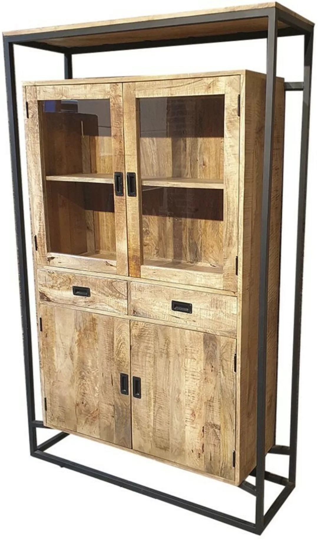 Vitrine Schrank Metall Massiv Mangoholz Industrial Loft günstig online kaufen