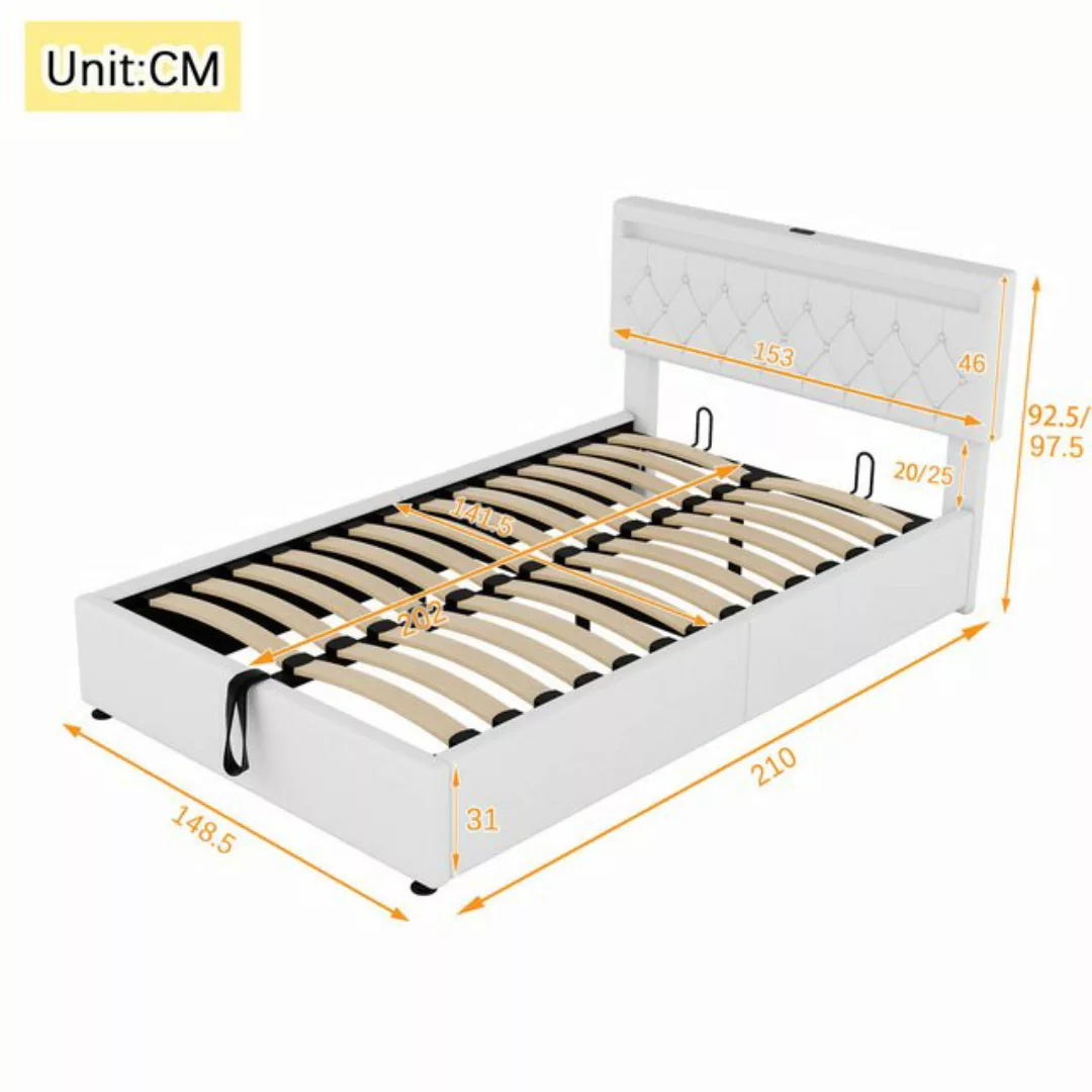 Flieks Polsterbett, LED Hydraulisches Doppelbett 140x200cm mit Ladefunktion günstig online kaufen