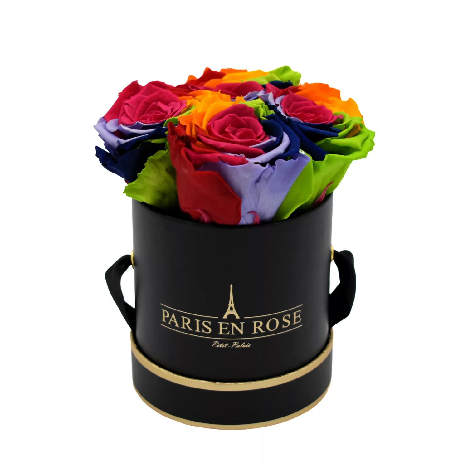Rosenbox Ø 10 cm Schwarz-Gold mit 4 Rainbow Rosen günstig online kaufen