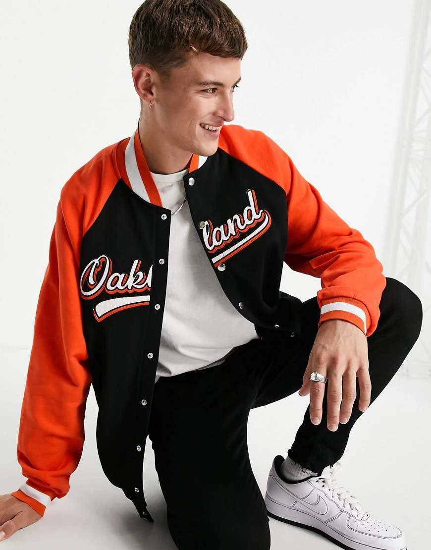 ASOS DESIGN – Oversize-Jerseyjacke im College-Stil mit Vintage-Blockfarbend günstig online kaufen