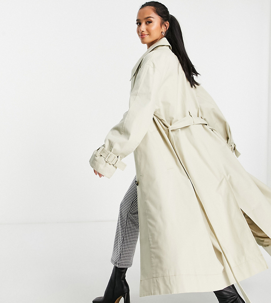 ASOS DESIGN Petite – Trenchcoat in Stein mit spitzem Kragen-Neutral günstig online kaufen