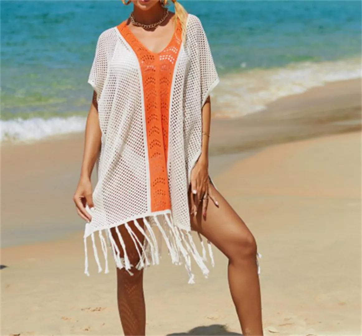 Wrathquake Strandkleid Damen-Bikiniüberzug mit kontrastierendem Strickfrans günstig online kaufen