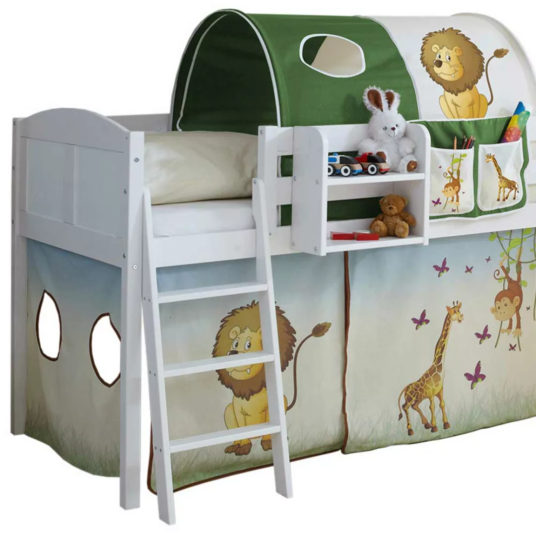 Kinderzimmerbett mit Rutsche Tunnel und Vorhang im Zootier Design günstig online kaufen