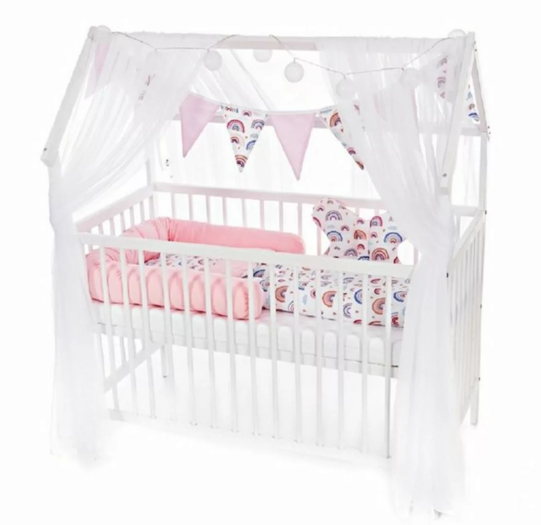 Babyhafen Kinderbett Baby Hausbett 120x60 Matratze Babybett Bettset Regenbo günstig online kaufen