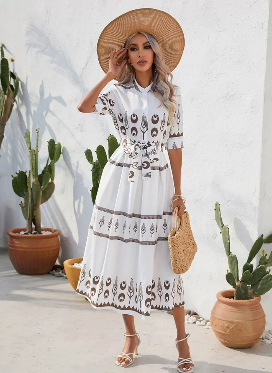 BlauWave Druckkleid Ethnisch bedruckte Sommerkleider mit fünf Minuten Ärmel günstig online kaufen