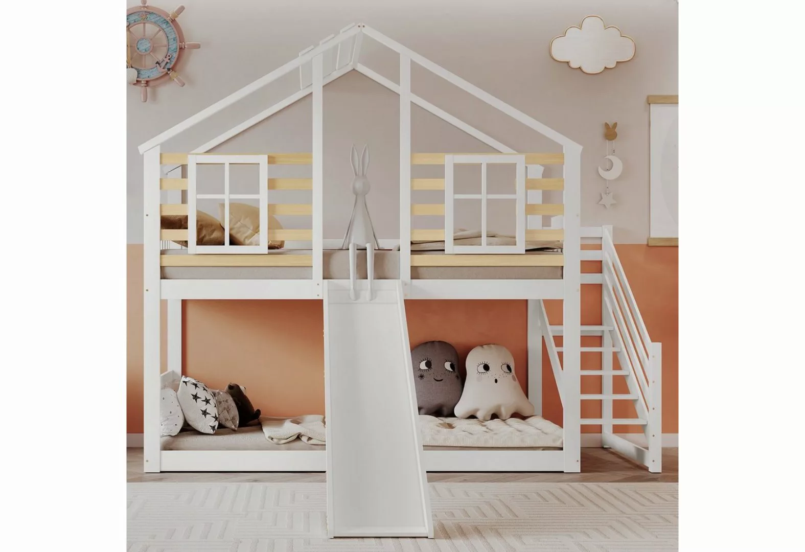 Flieks Etagenbett, Hochbett mit oberem Lattenrost Kinderbett mit Treppe &Ru günstig online kaufen