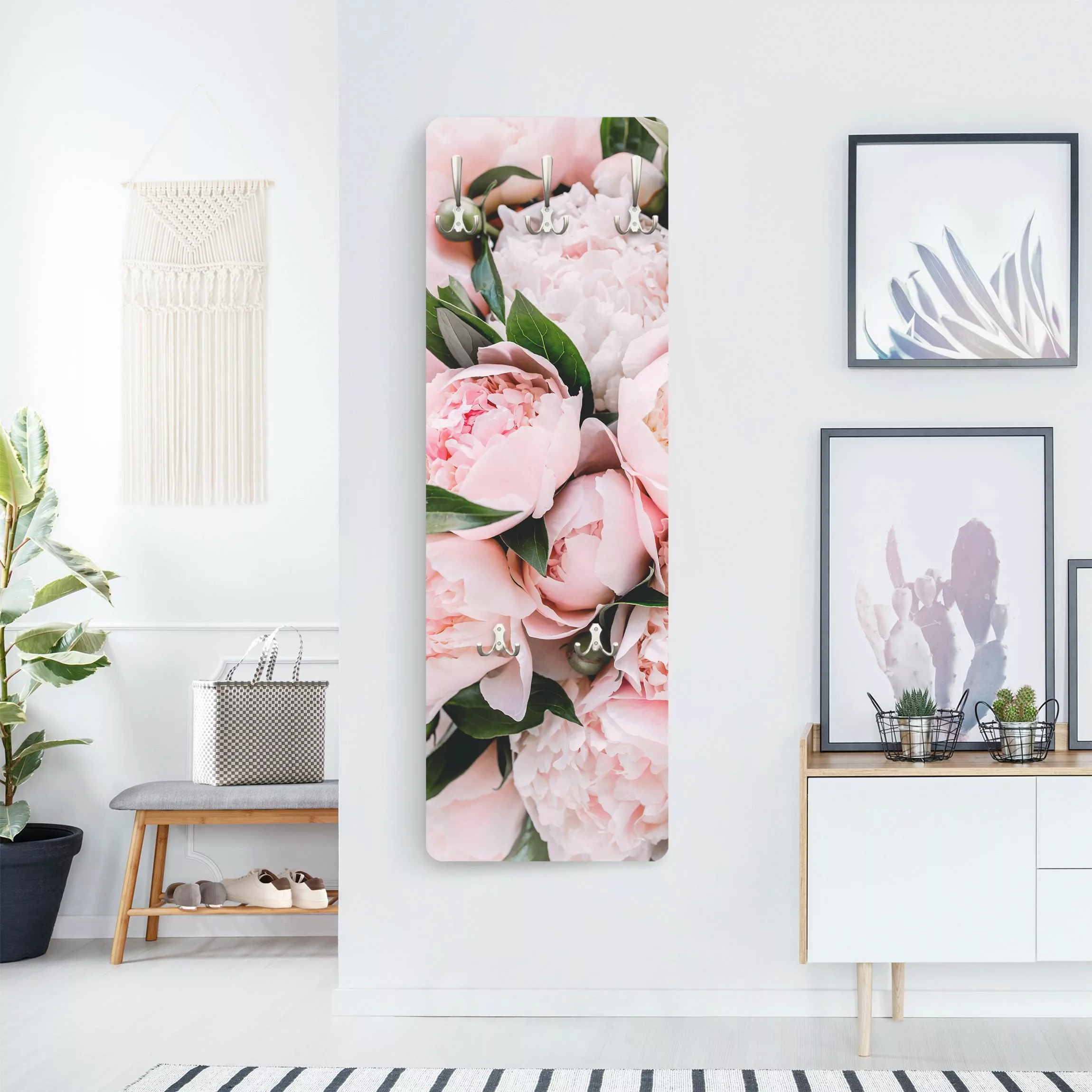 Wandgarderobe Holzpaneel Blumen Rosa Pfingstrosen mit Blättern günstig online kaufen