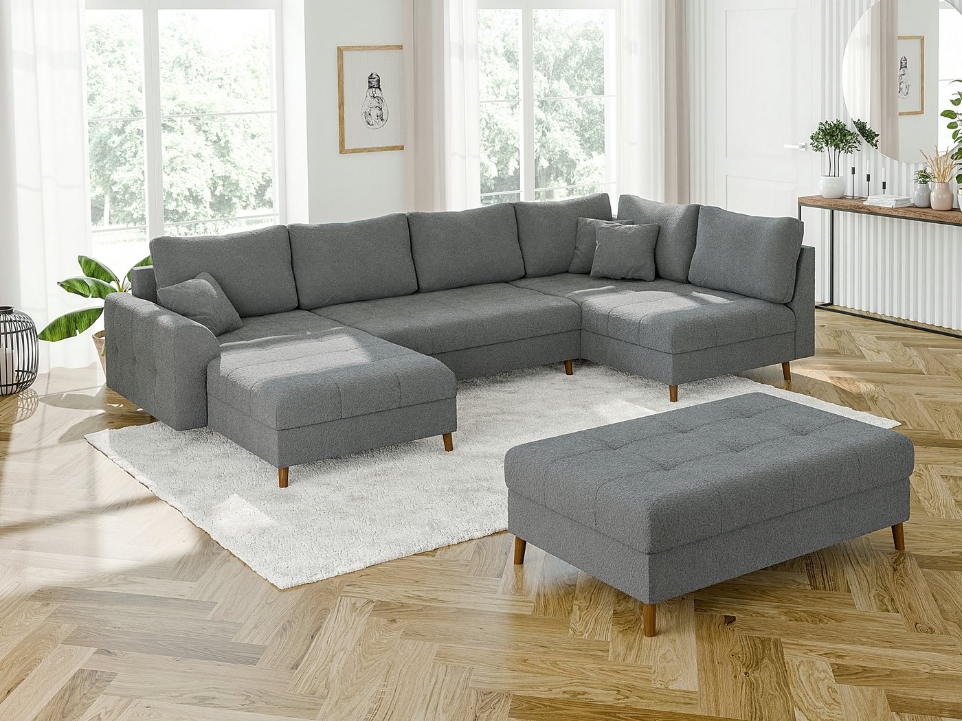 S-Style Möbel Wohnlandschaft Leif mit Schlaffunktion, Hocker und Holzfüßen, günstig online kaufen