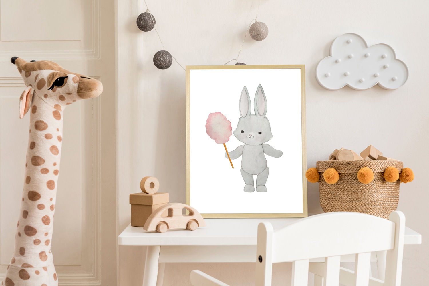 queence Bild mit Rahmen »Hase mit Zuckerwatte«, Fantasy-Hase-Hasen-Haustier günstig online kaufen