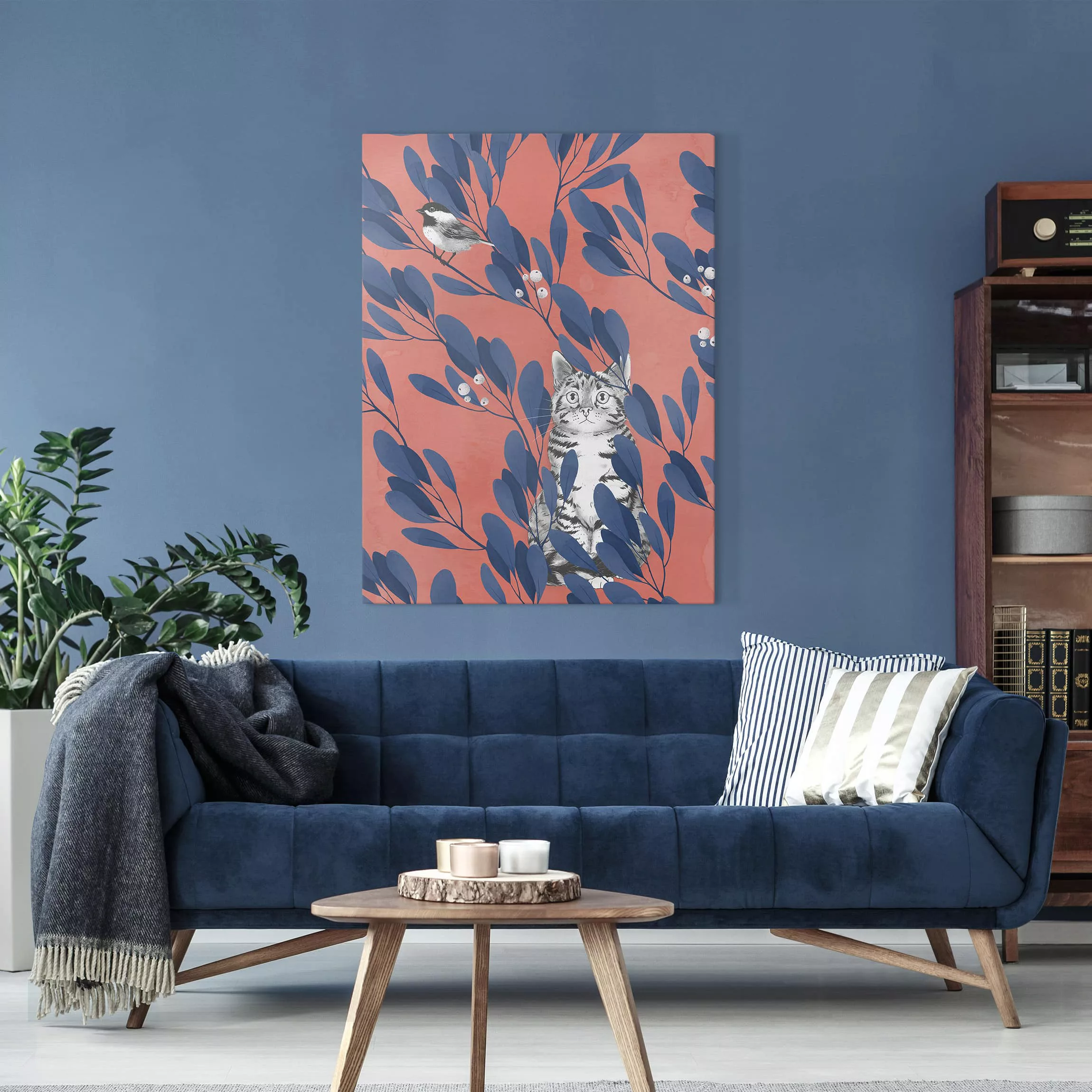 Leinwandbild - Hochformat Illustration Katze und Vogel auf Ast Blau Rot günstig online kaufen