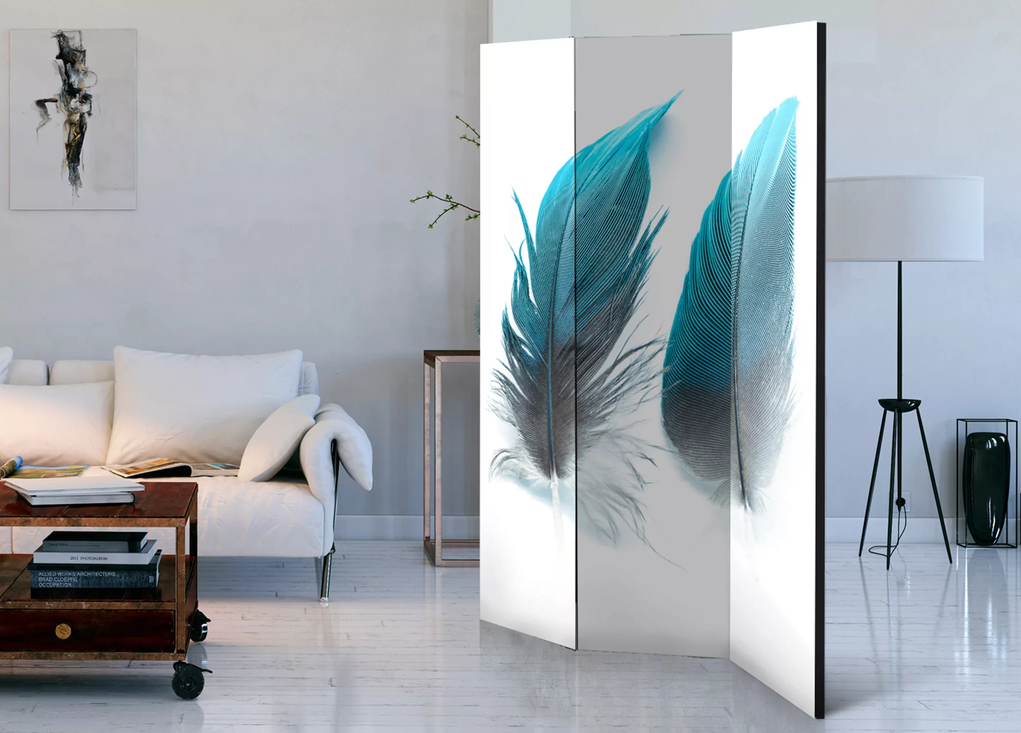 3-teiliges Paravent - Blue Feathers [room Dividers] günstig online kaufen