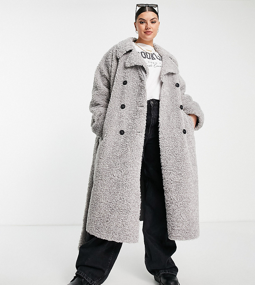 ASOS DESIGN Curve – Verstärkter Trenchcoat aus Lammfellimitat in Grau günstig online kaufen