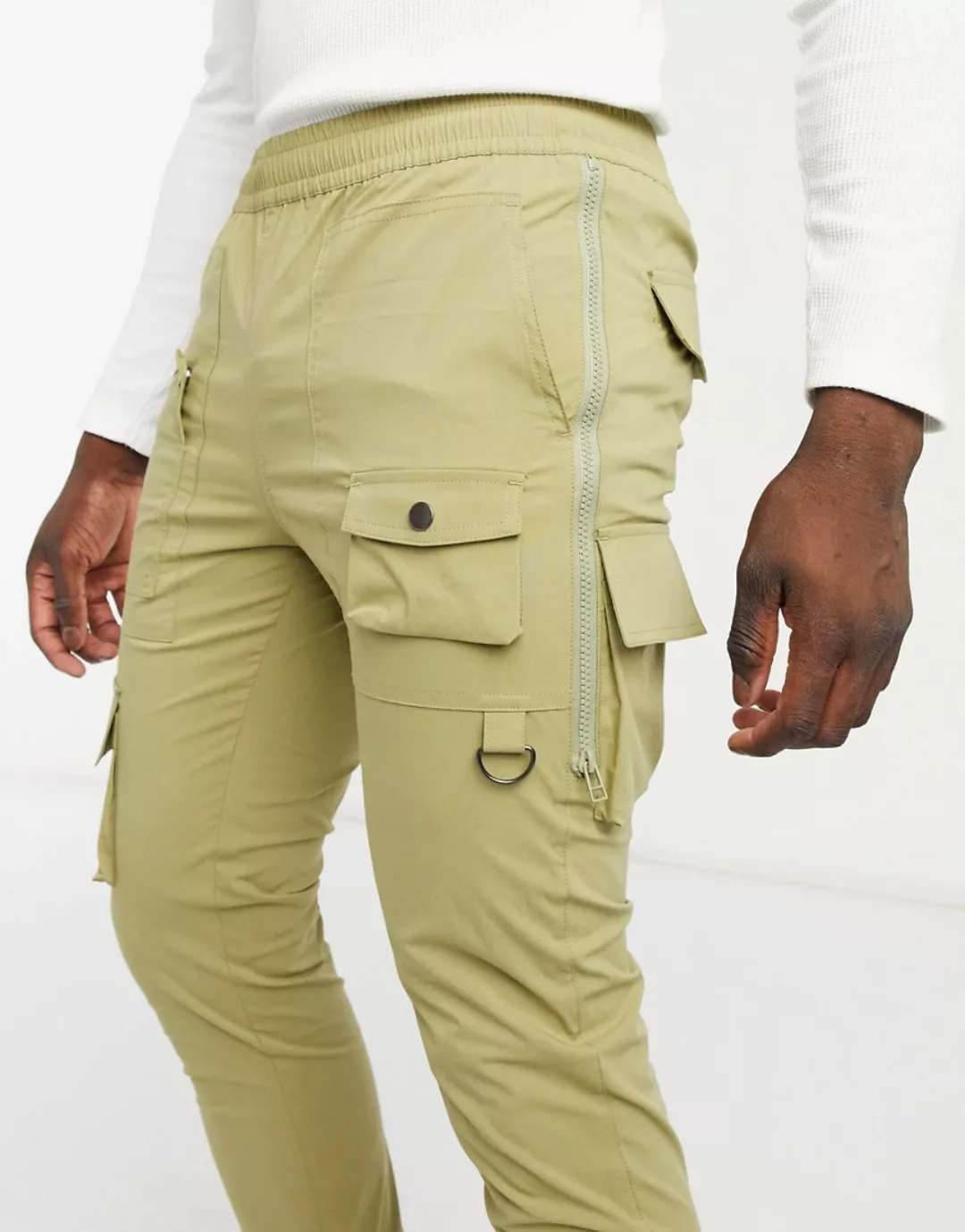 ASOS DESIGN – Enge Hose mit Seitenreißverschluss in hellem Khaki-Grün günstig online kaufen