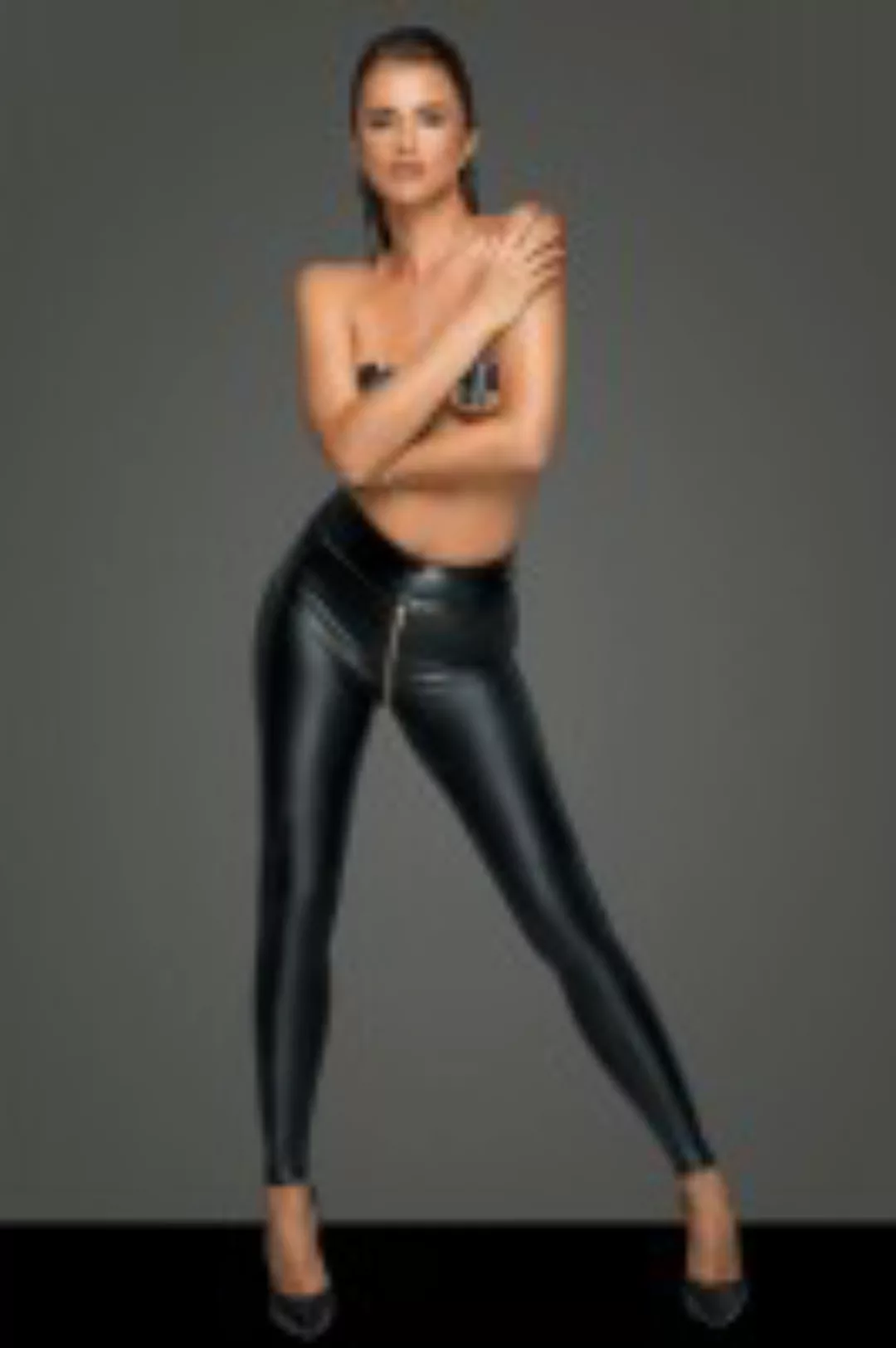 schwarze, lange Damen Wetlook Hose mit glänzendem Bund günstig online kaufen