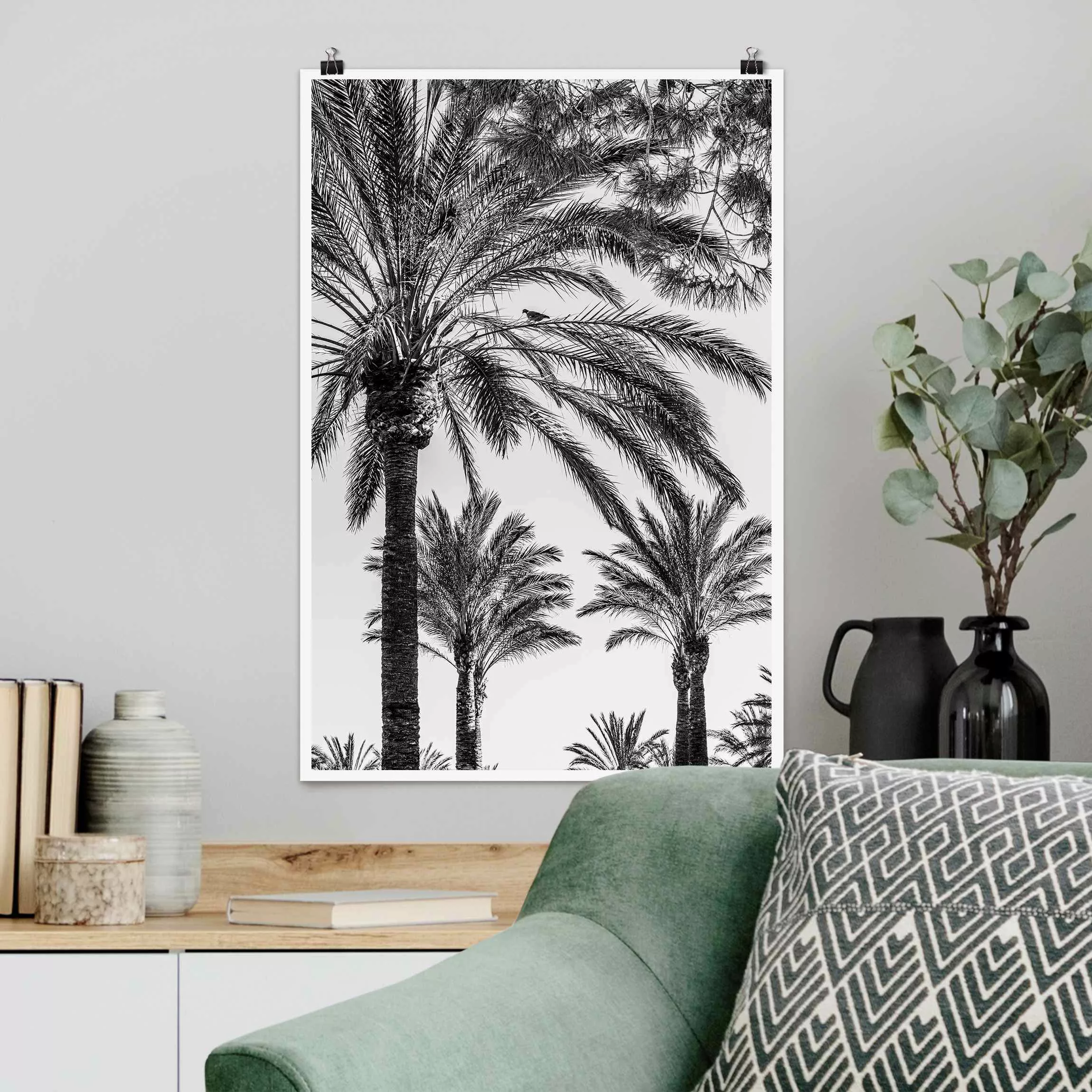Poster Palmen im Sonnenuntergang Schwarz-Weiß günstig online kaufen