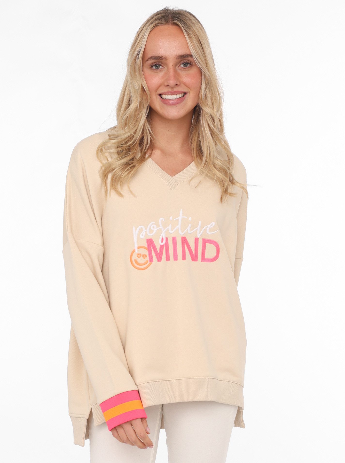 Zwillingsherz Sweatshirt V-Ausschnitt, neonfarbenen Bündchen, Seitenschlitz günstig online kaufen