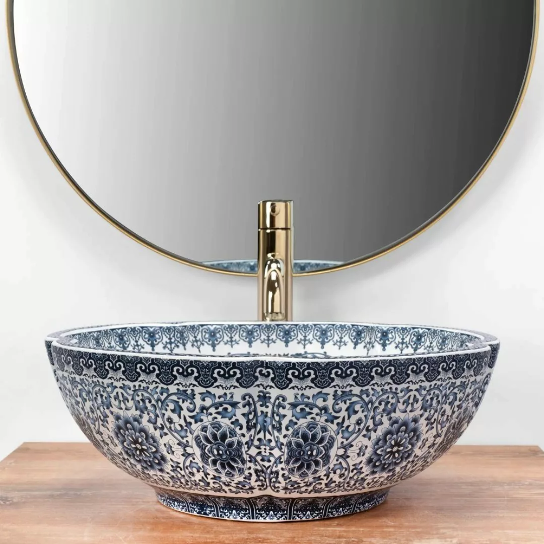 wohnwerk.idee Aufsatzwaschbecken Vintage Waschschale orientalisch Blau-Weiß günstig online kaufen