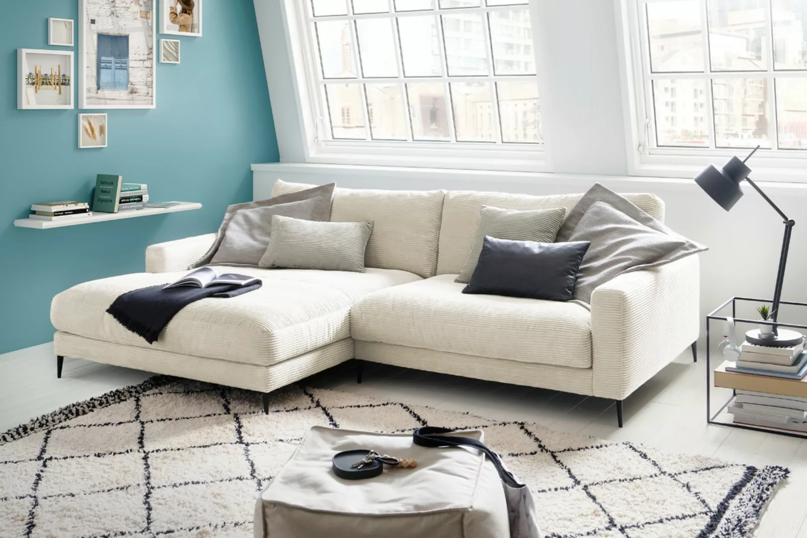 KAWOLA Ecksofa CARA Sofa Cord cremeweiß günstig online kaufen