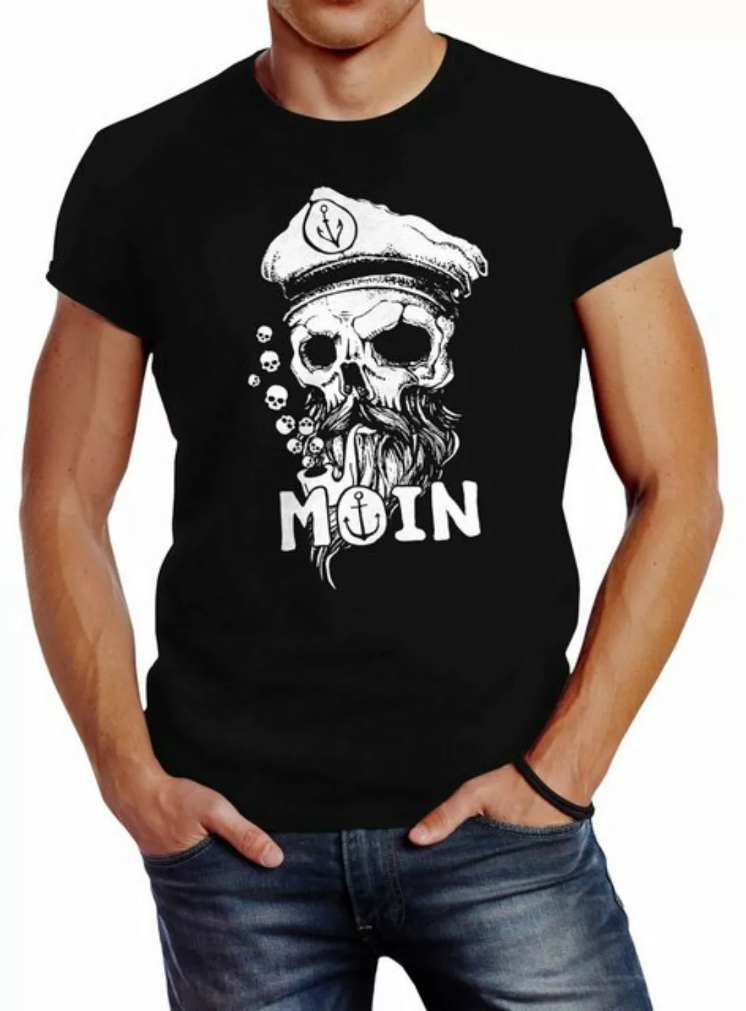 Neverless Print-Shirt Herren T-Shirt Moin Kapitän Totenkopf Anker Bart Hamb günstig online kaufen