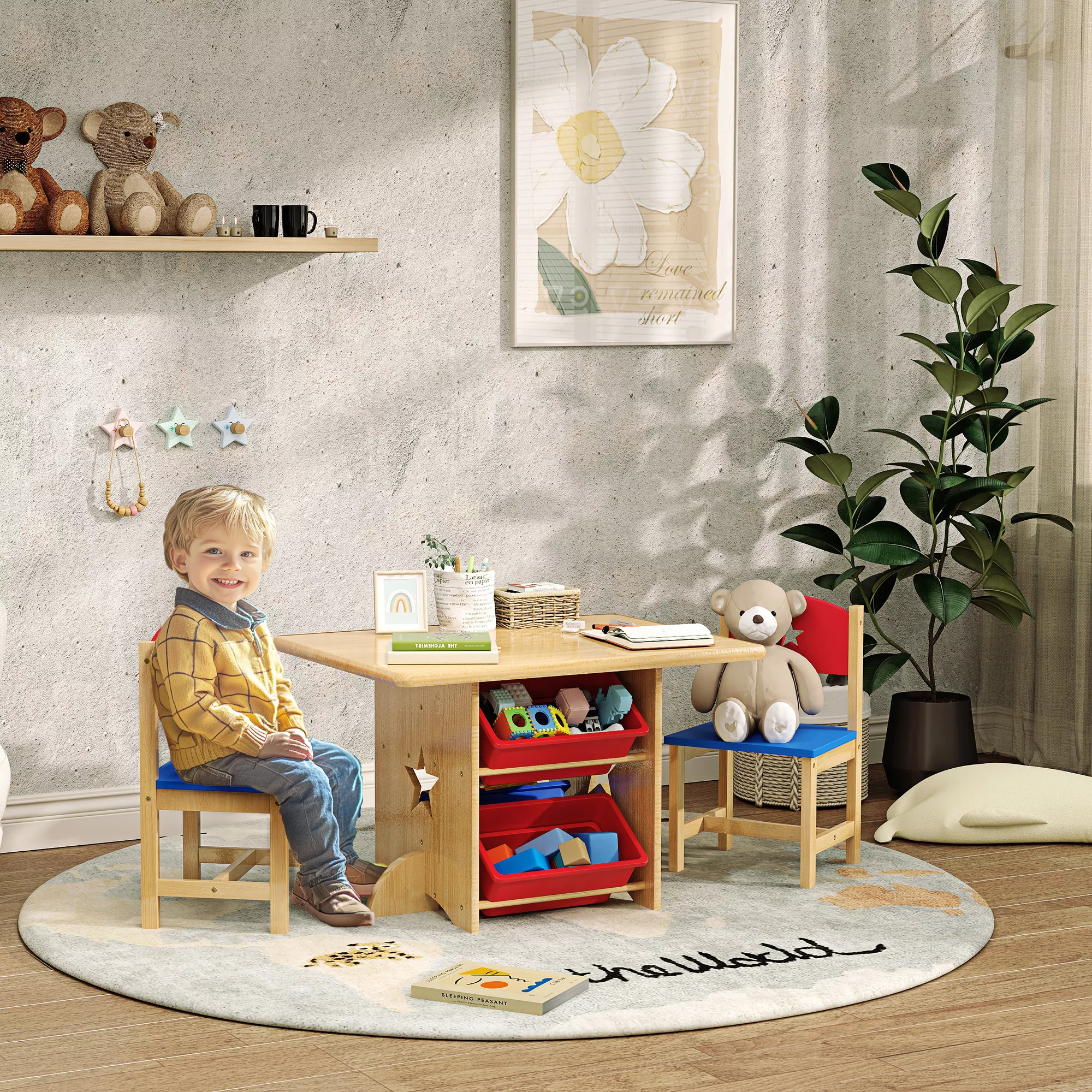 AIYAPLAY Kindertisch mit 2 Stühlen, 3-teiliges Set aus Holz, mit 4 Aufbewah günstig online kaufen