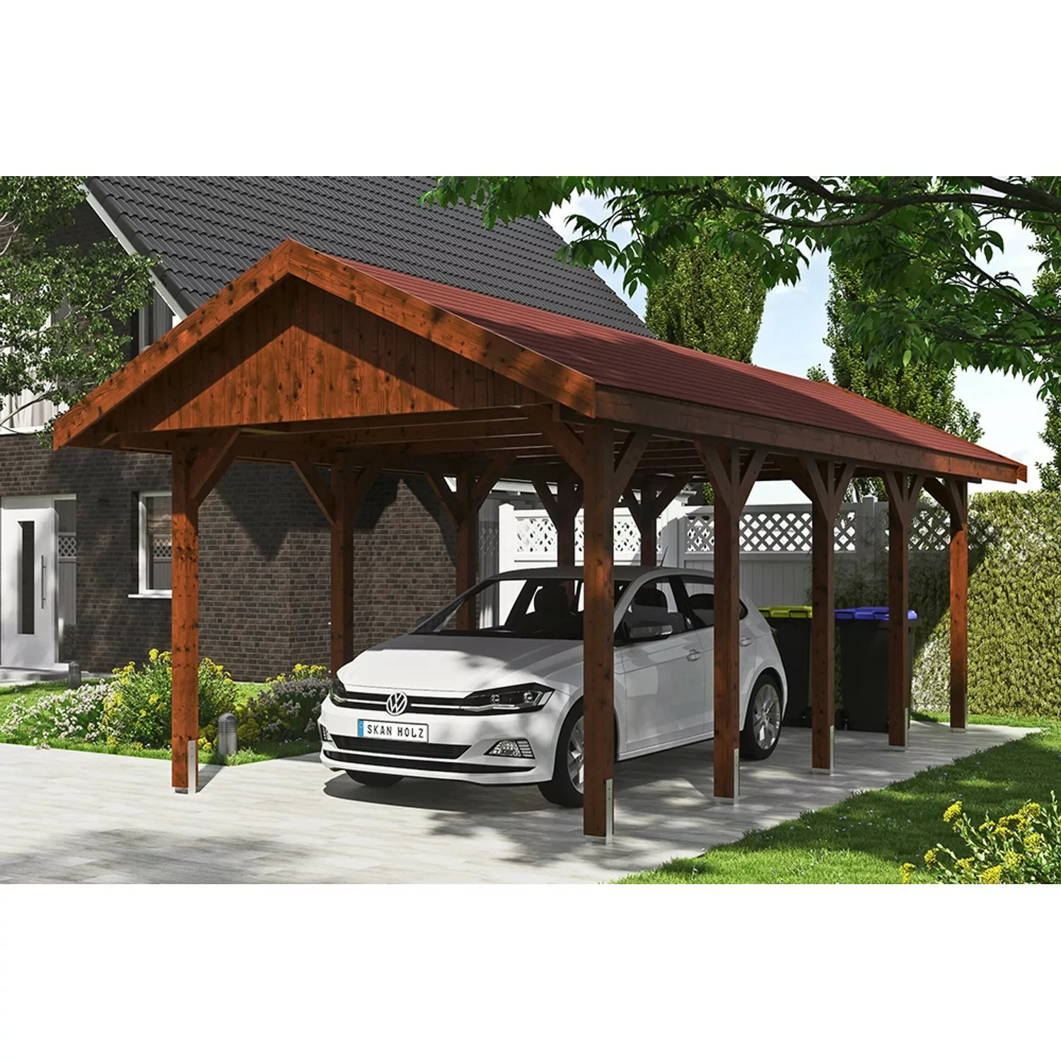 Satteldach-Carport Wallgau Nussbaum 380 x 750 cm rote Schindeln günstig online kaufen