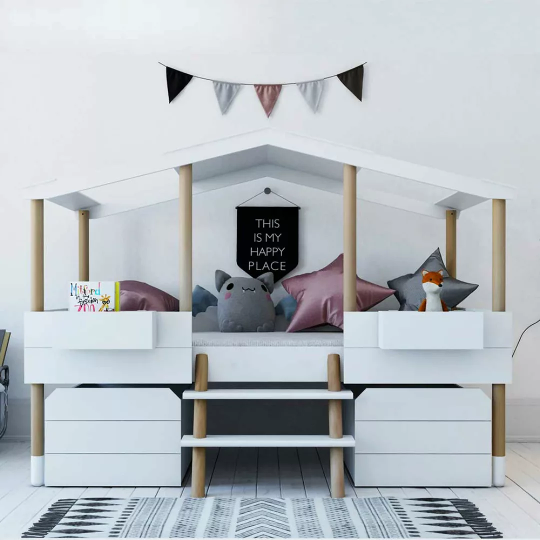 Kinderbett in Hausform im Skandi Stil inklusive Schubladen günstig online kaufen