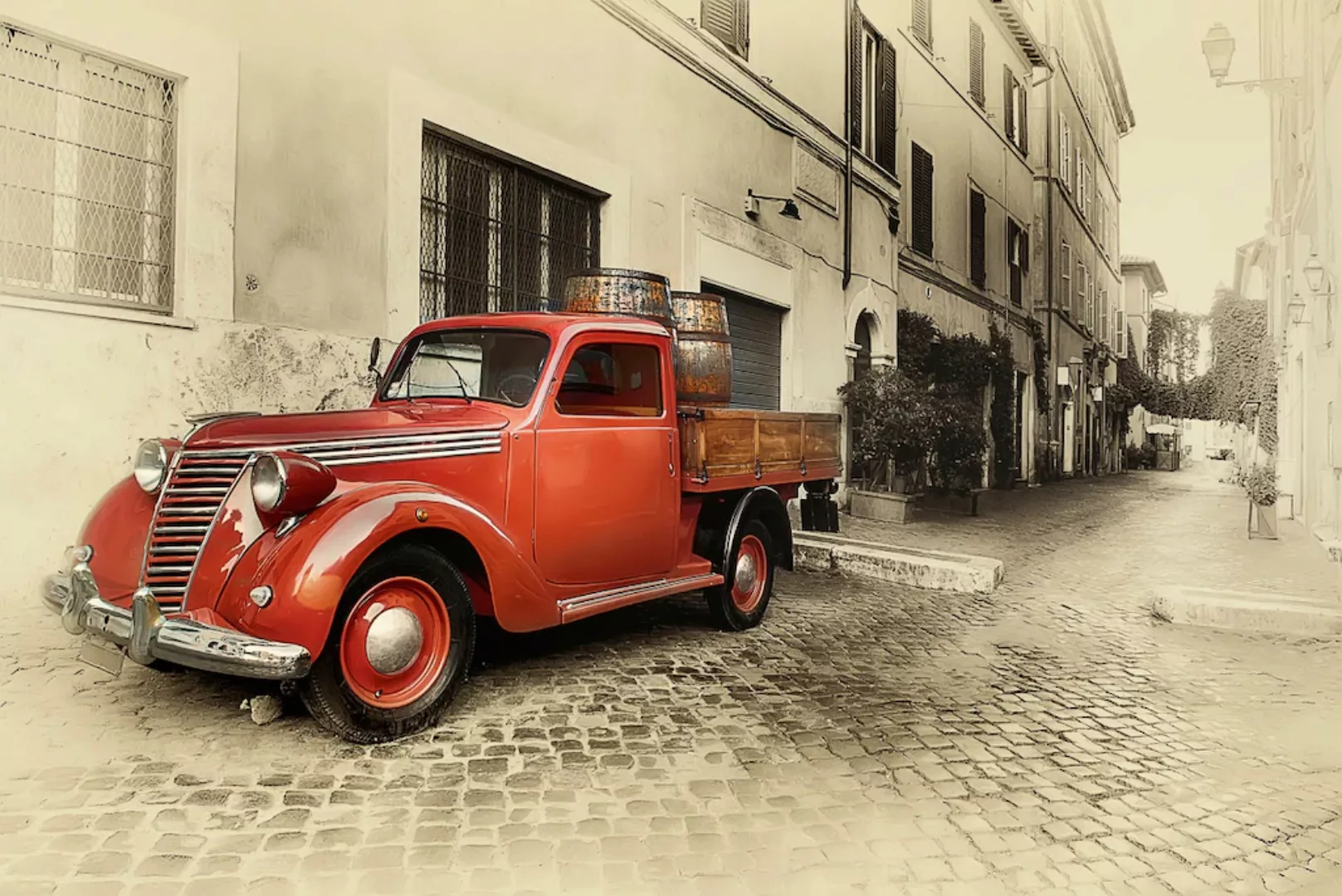 Papermoon Fototapete »Rotes Auto in altem Foto« günstig online kaufen