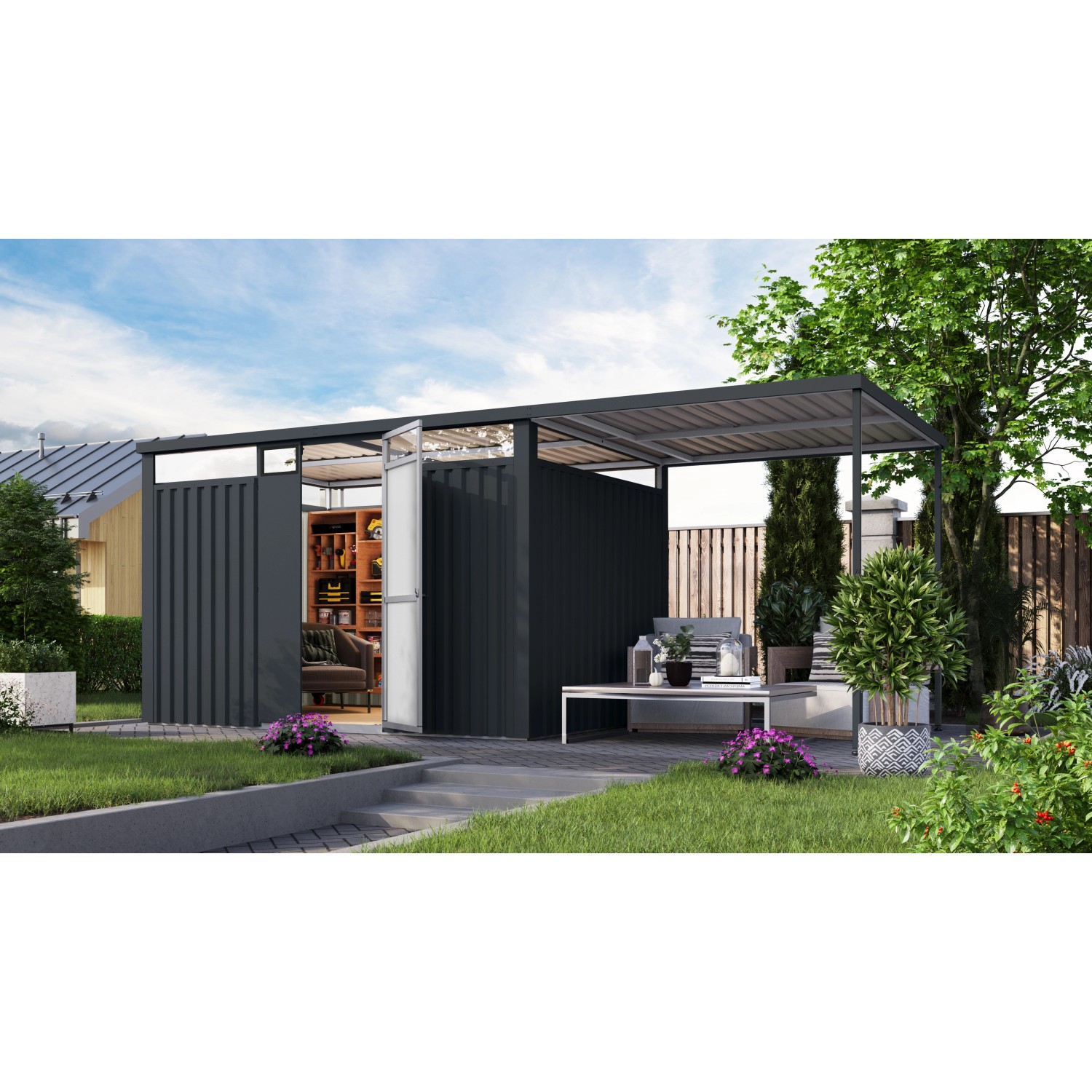 Karibu Metallgerätehaus Amato 3 m. Anbaudach Anthrazit 218 x 342 x 231 cm günstig online kaufen