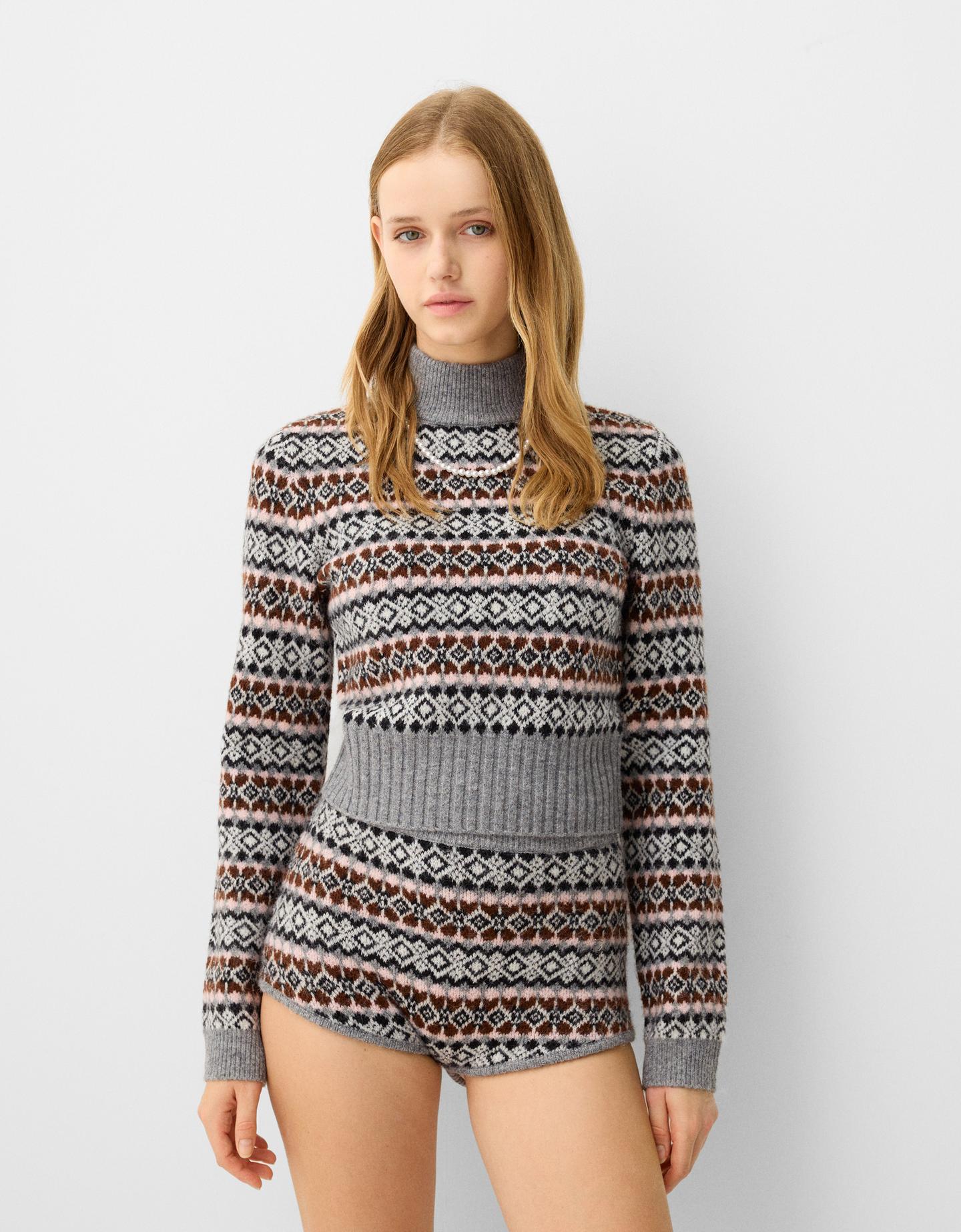 Bershka Jacquard-Rollkragenpullover Damen L Grau günstig online kaufen