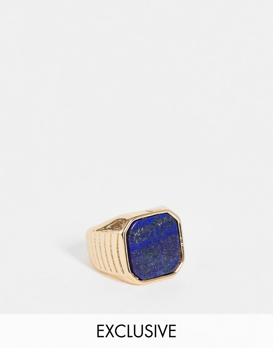 Reclaimed Vintage Inspired – Oversize-Siegelring in Gold mit Lapis-Stein in günstig online kaufen