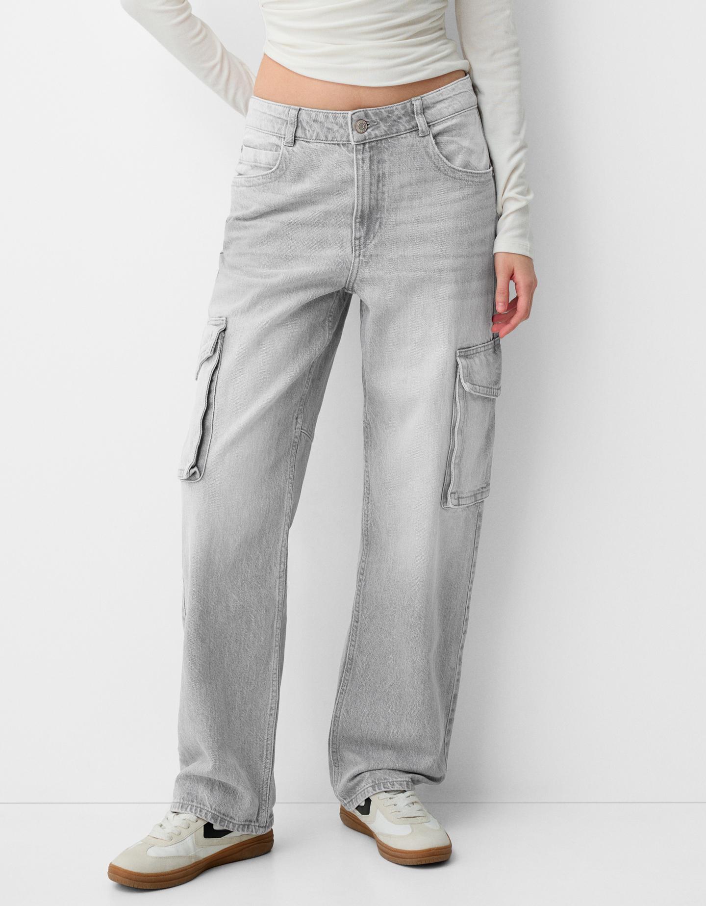 Bershka Cargo-Jeans Im Straight-Fit Damen 44 Grau günstig online kaufen