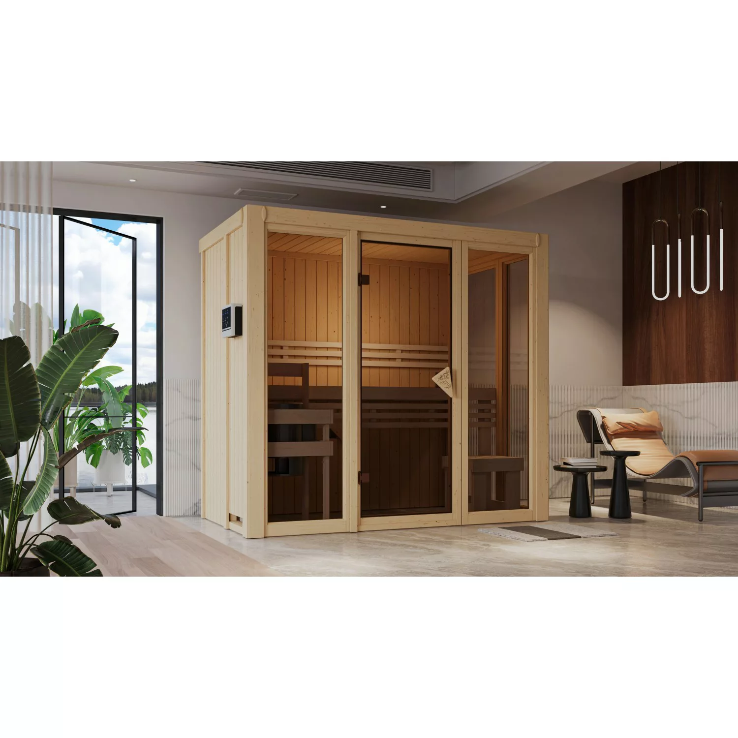 Karibu Ganzglasfront-Set für Sauna Vaira 2 Natur mit Ofen 3,6 kW Ext. Strg. günstig online kaufen