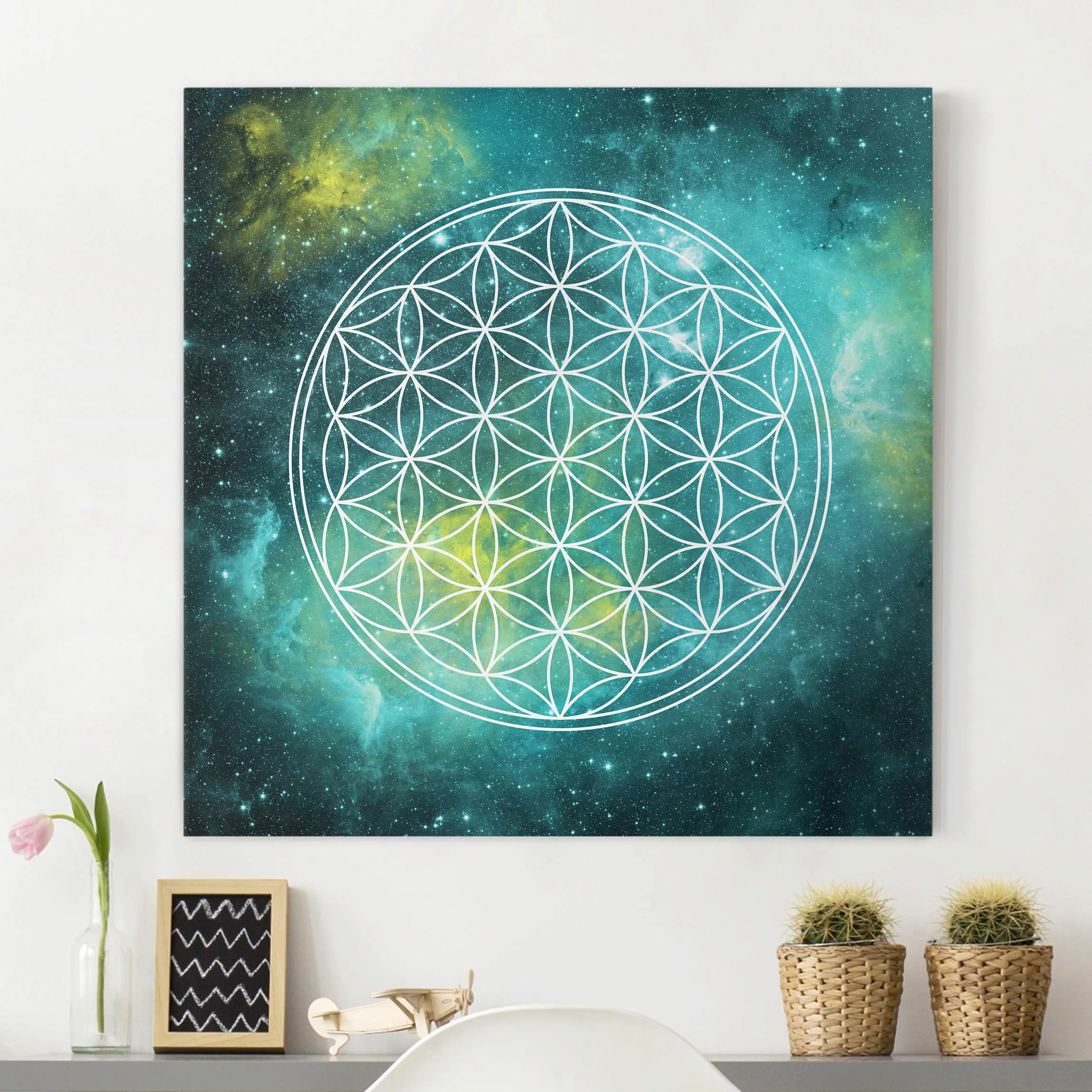 Leinwandbild Muster - Quadrat Blume des Lebens im Licht der Sterne günstig online kaufen